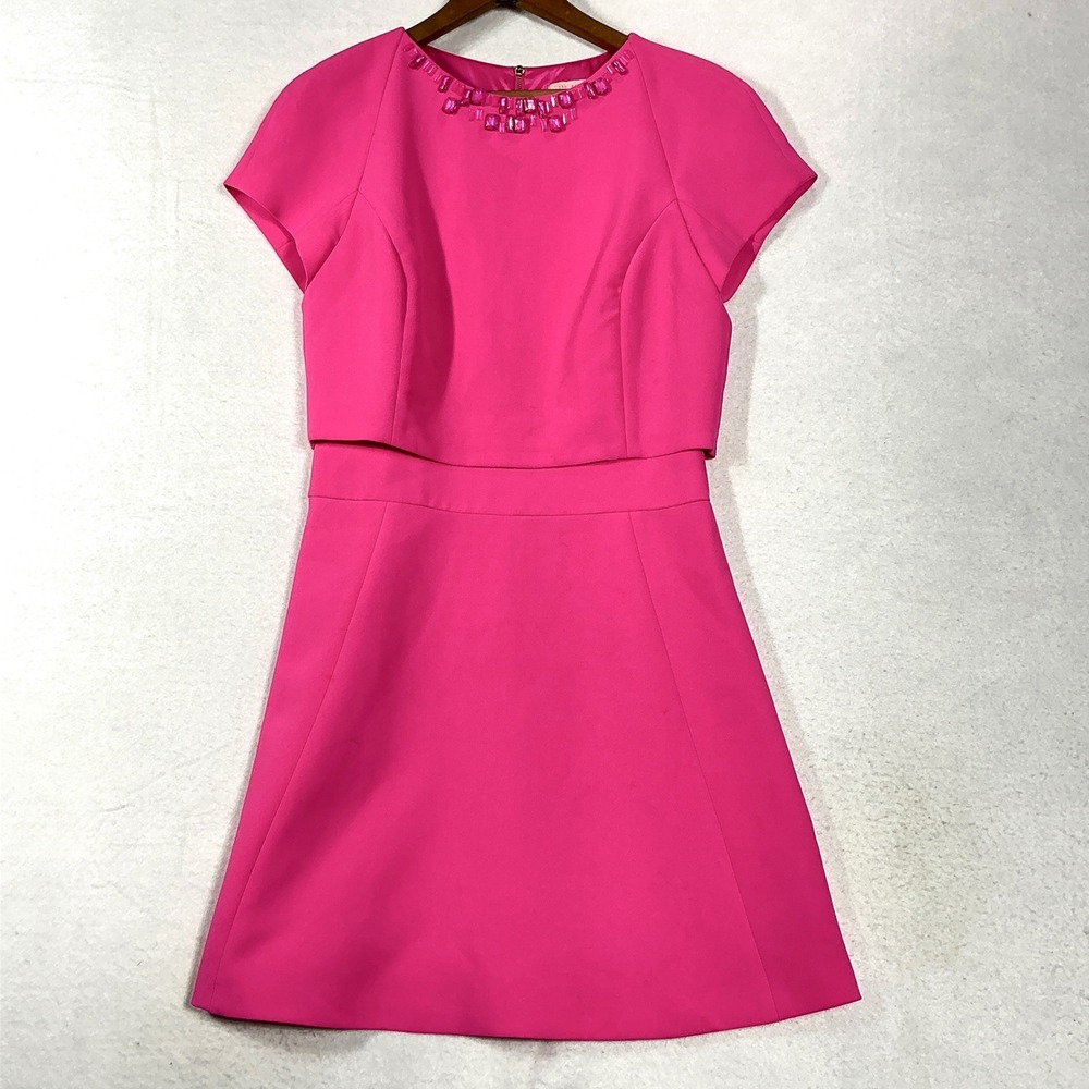 Ted Baker Size 1 US 4 Dress Hot Pink Beaded Neckline Fit Flare Foppar MSRP $325